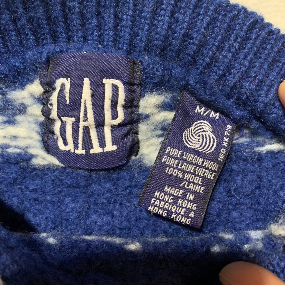 Gap Vintage 90s Fair Isle Nordic Sweater Small Blue Wool Heavyweight Chunky Knit - Picture 8 of 12